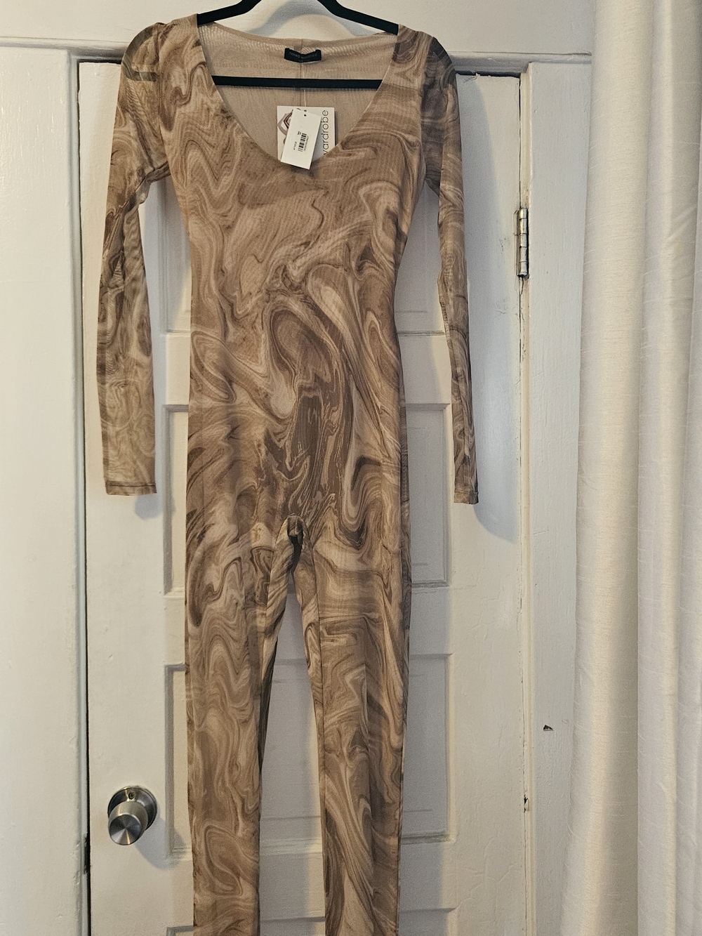 Naked Wardrobe Marble-Print Jumpsuit/Bodysuit in Brown